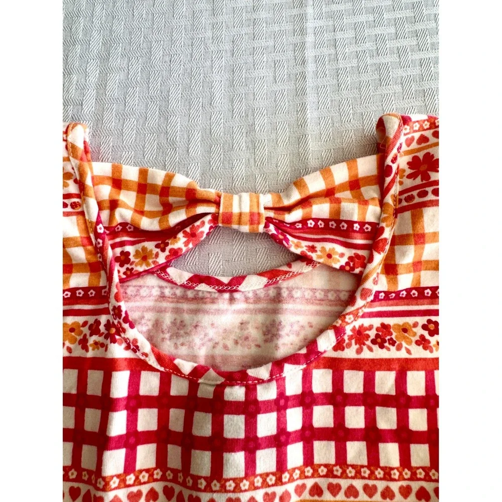 Flapdoodles Girls Orange Pink Gingham Floral Bow Back Pocket Dress Size 8